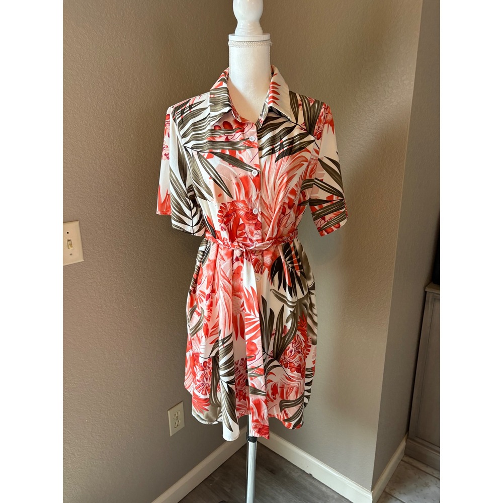 SHEIN Womens Tropical Leaf Floral Shirt Dress Red White Green Short Sleeve XL 12